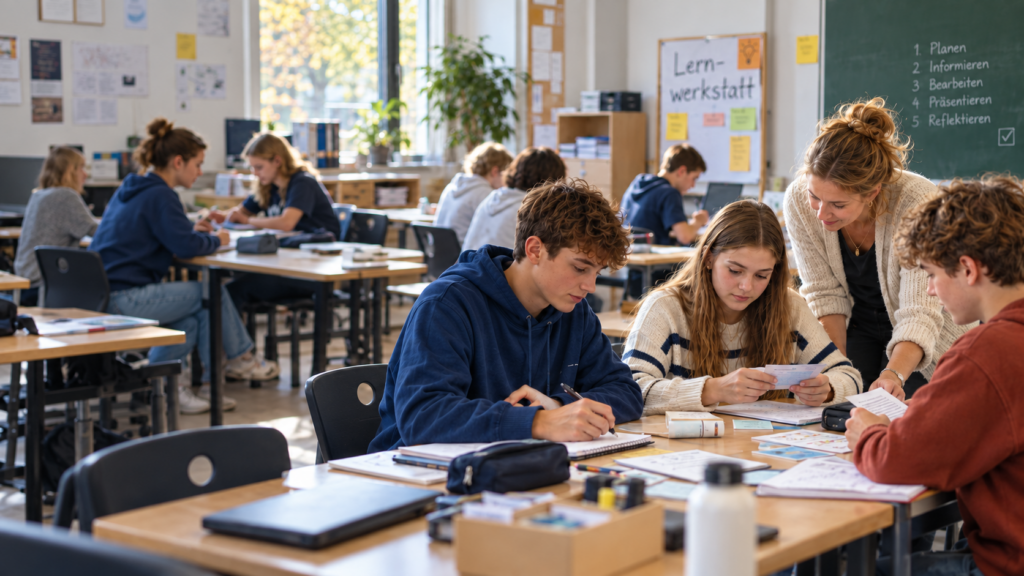 Klassenzimmer mit Kindern und einer Lehrkraft in einer Beratungssituation während eines Lehrgangs für selbstorganisiertes Lernen.